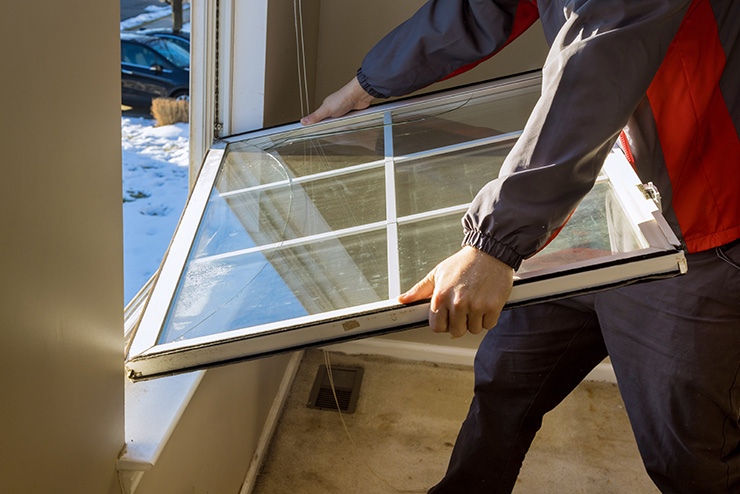 Picture of a tradesperson lowering a window to fit it into a home during a renovation