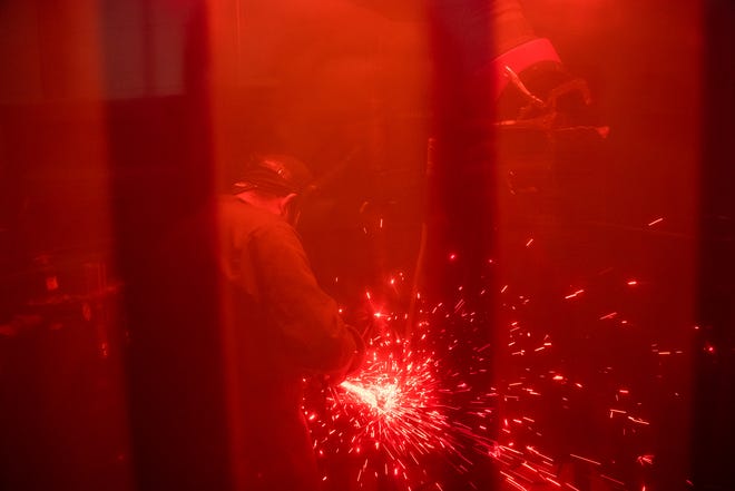 A student works on a weld at Del Mar College's Windward Campus welding shop on Wednesday, Nov. 17, 2022 in Corpus Christi, Texas.