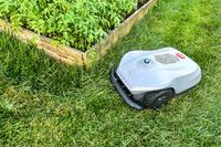 The Hookii Neomow X Pro Robotic Lawn Mower mows around a raised garden bed
